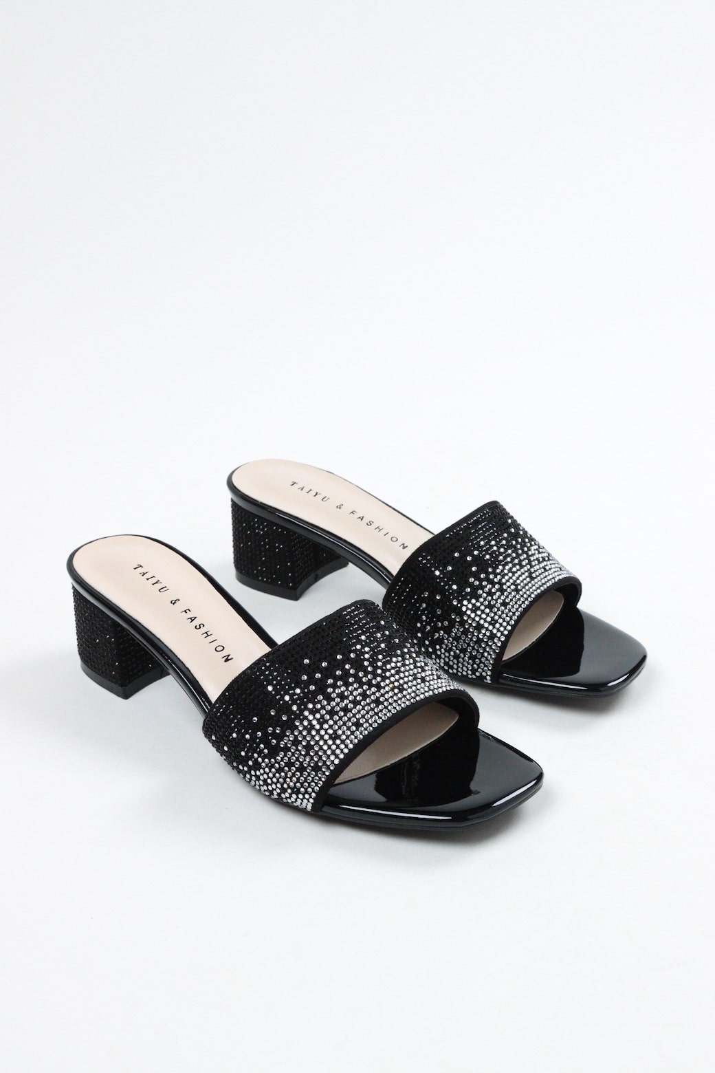 Black women's glitter block heels