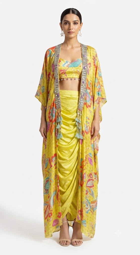 Yellow Printed Cape Drape Set