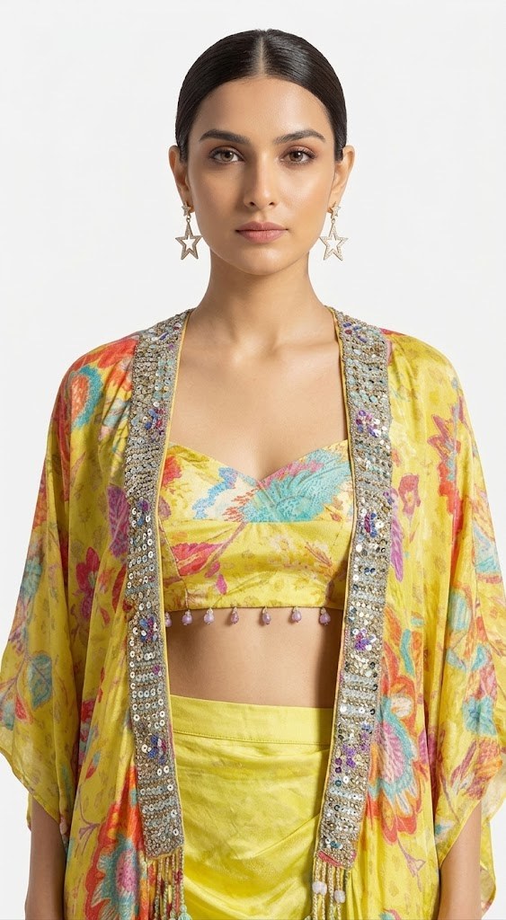 Yellow Printed Cape Drape Set