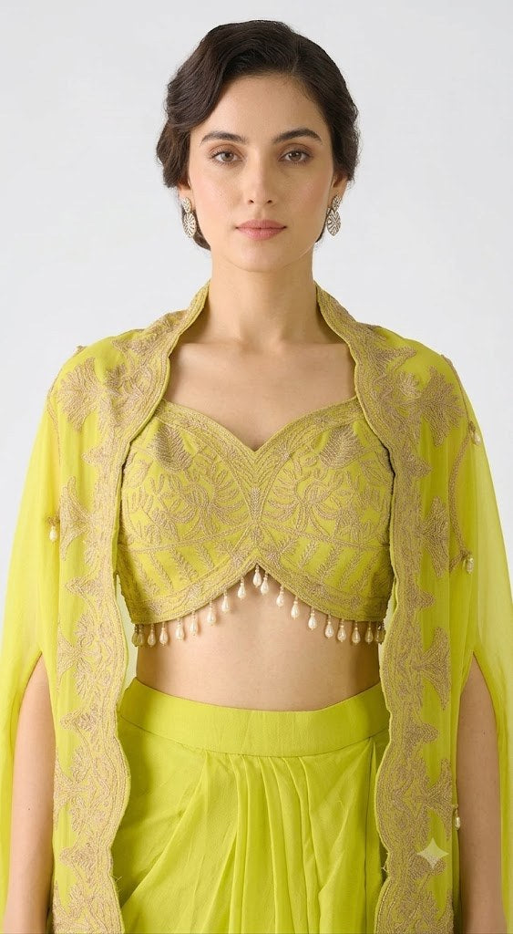 Lime Embroidered Cape Set