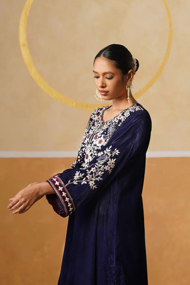 Navy Embroidered Long Dress