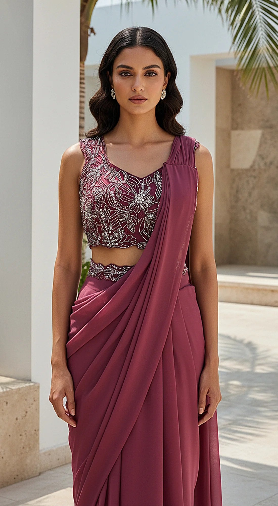 Wine Pre-Draped Saree