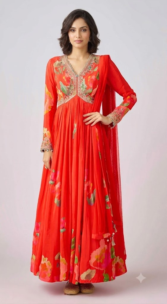 Bright Red Floral Kurta Set