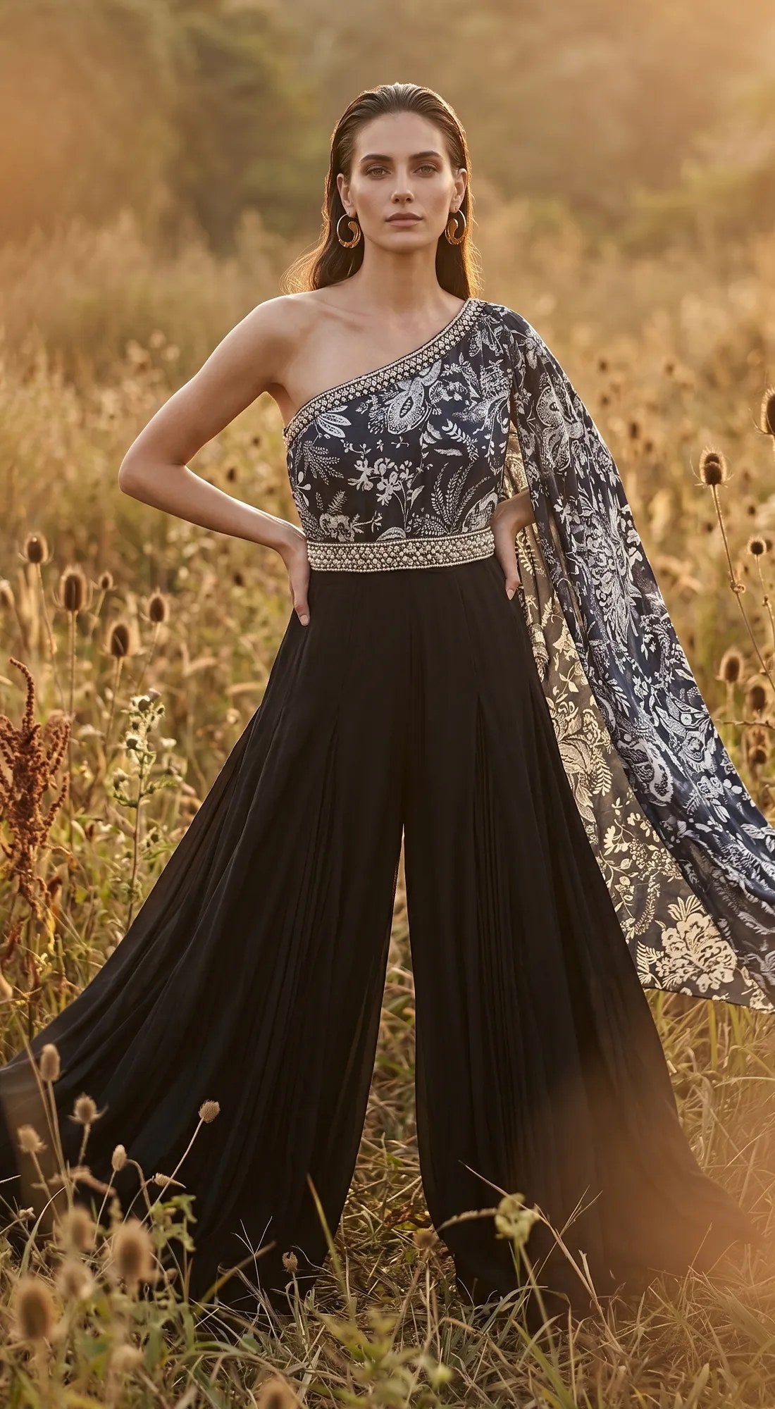 Black Printed Cape Jumpsuit