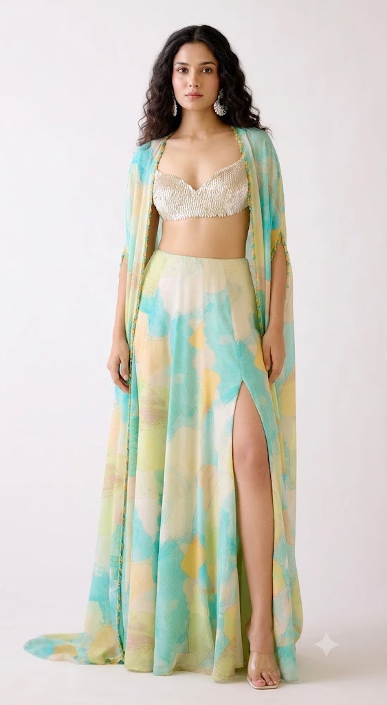 Pastel Printed Cape Skirt Set