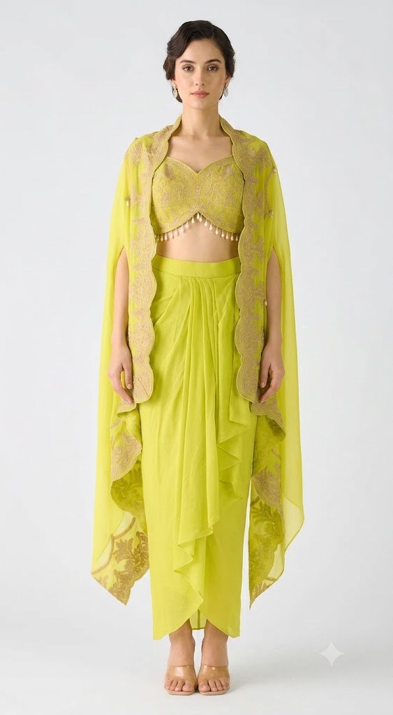 Lime Embroidered Cape Set