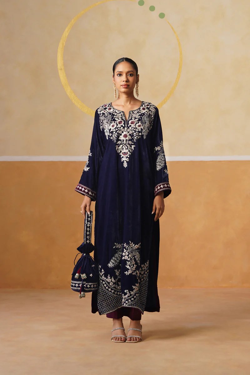 Navy Embroidered Long Dress