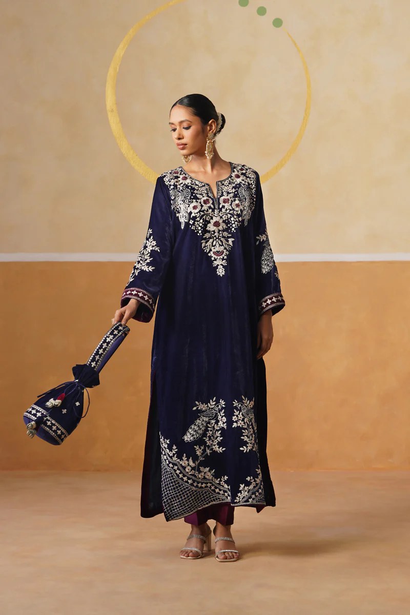 Navy Embroidered Long Dress