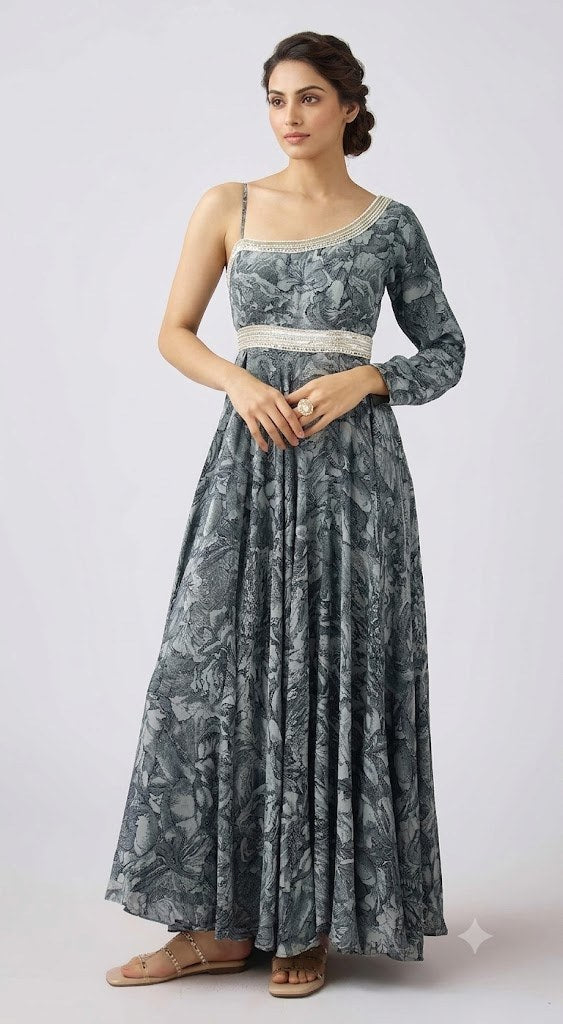 Grey Printed Long Dress