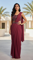 Wine Pre-Draped Saree