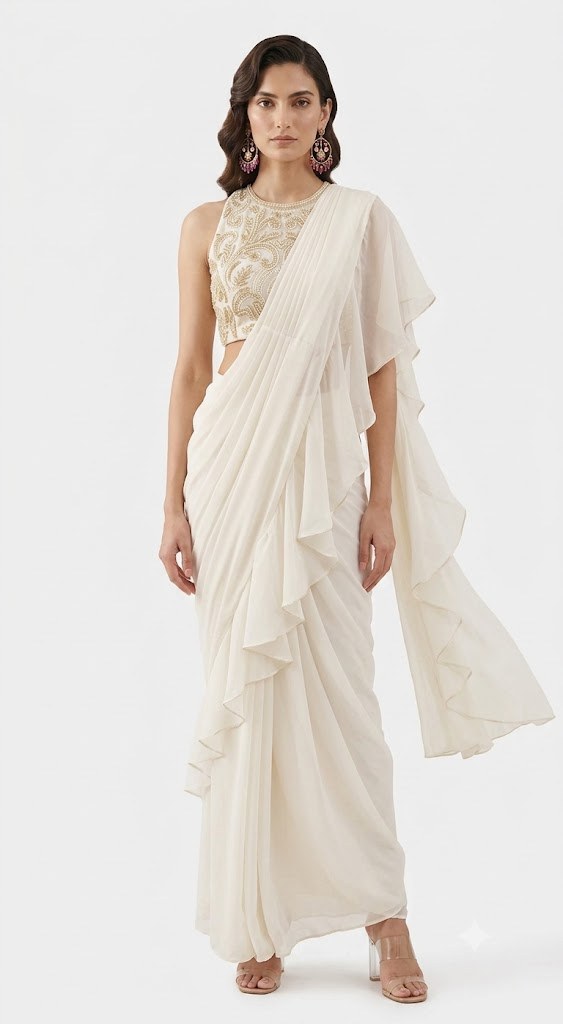 Ivory Ruffle Saree