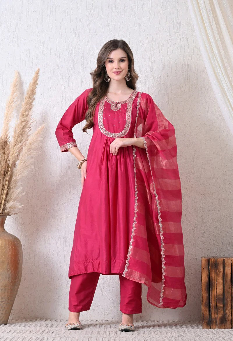Wine Embroidered Anarkali Set