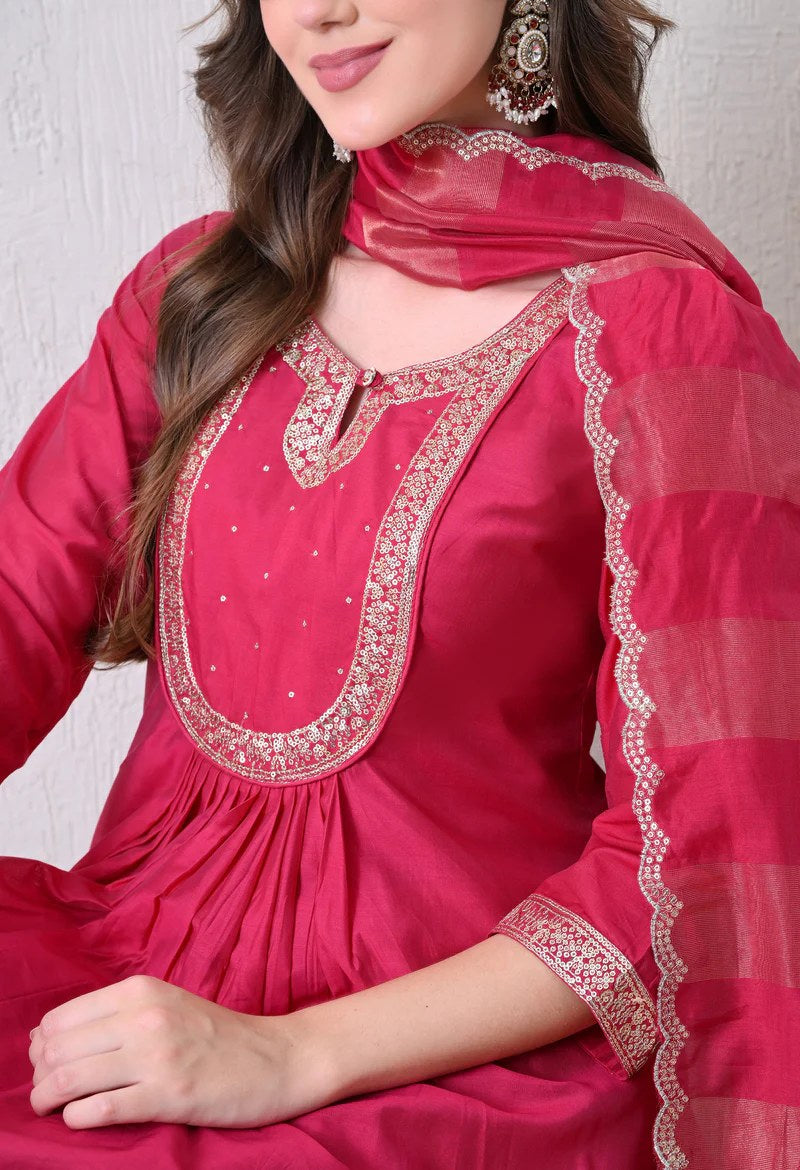 Wine Embroidered Anarkali Set