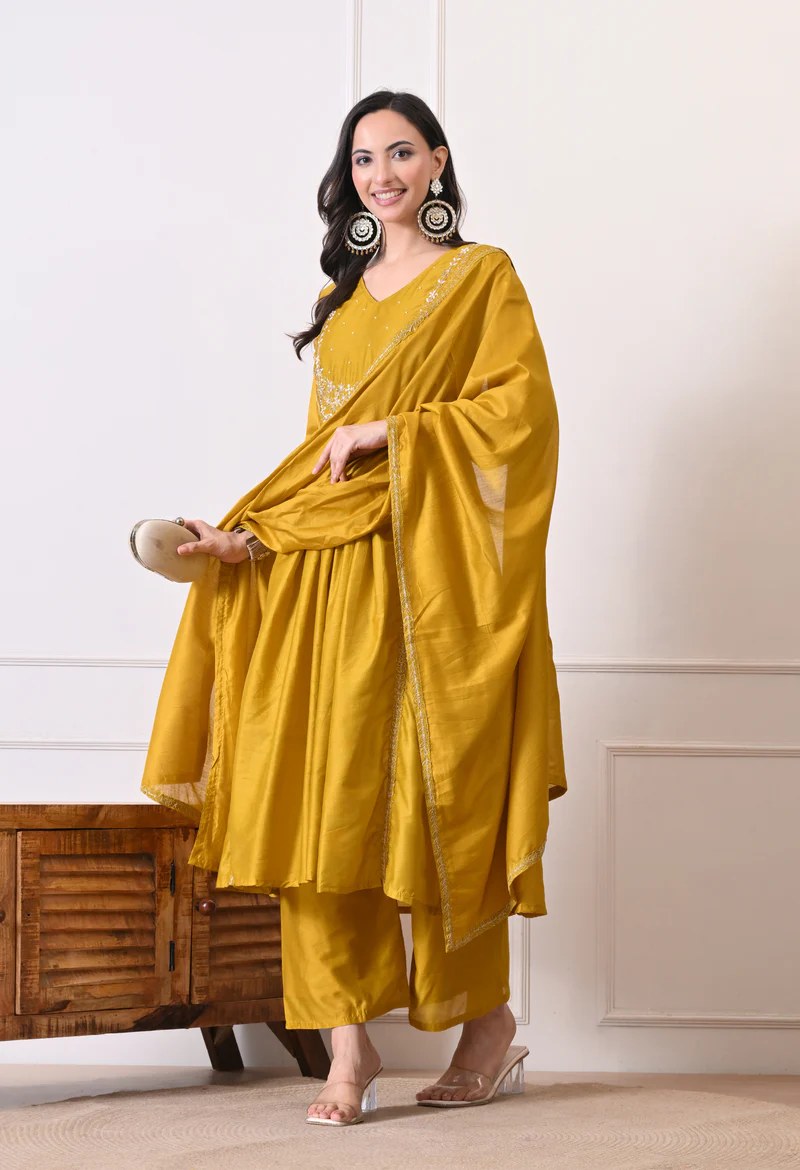 Mustard Embroidered Kurta Set