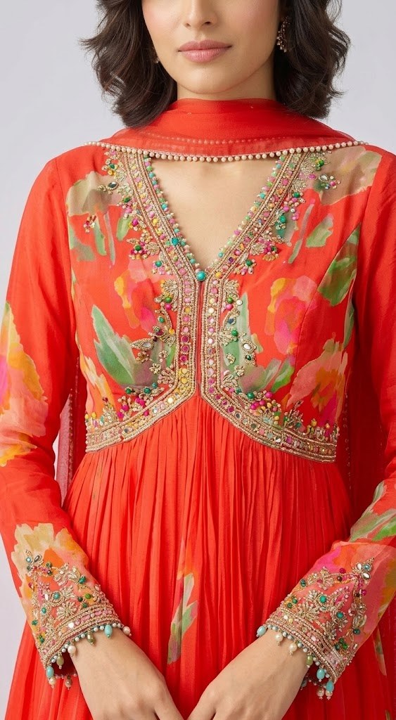 Bright Red Floral Kurta Set